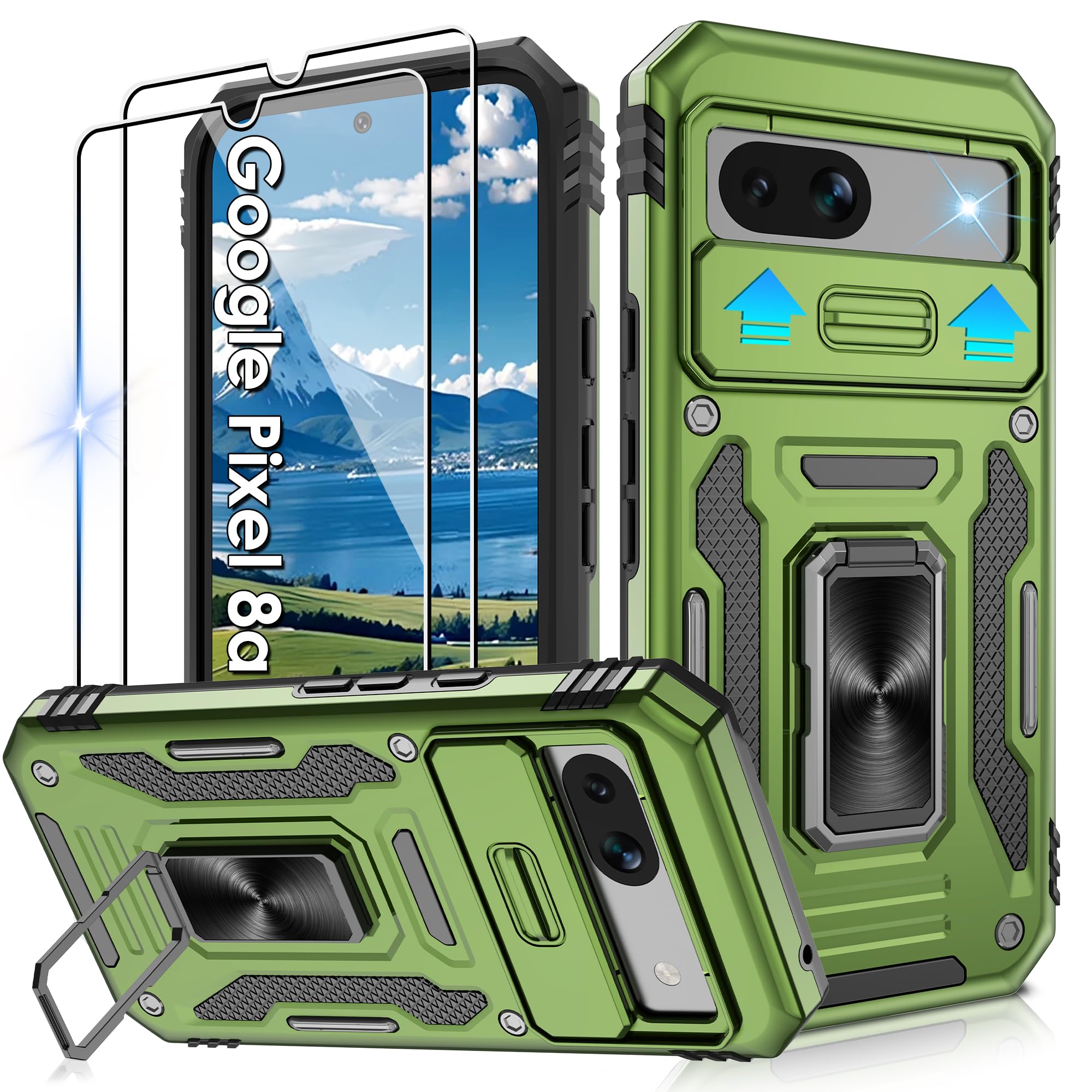 for Google Pixel 8a Case with 2 Pack Screen Protector,Military Grade Shockproof Pixel 8a Case with Slide Camera Cover,Ring Stand Phone Cover for Google Pixel 8a,Green