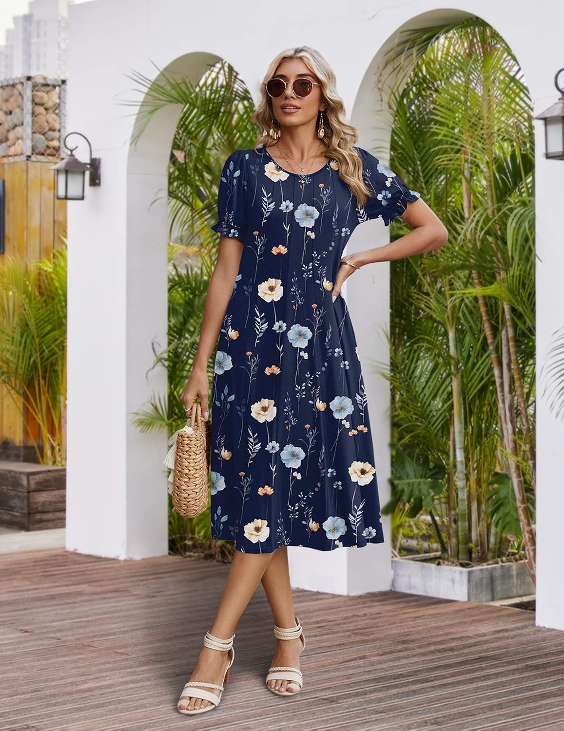 Zeagoo Womens Summer Dress Casual Midi Dresses 2026 Short Puff Sleeve Flare Dress Pleated Flowy Sundress with Pockets image 4