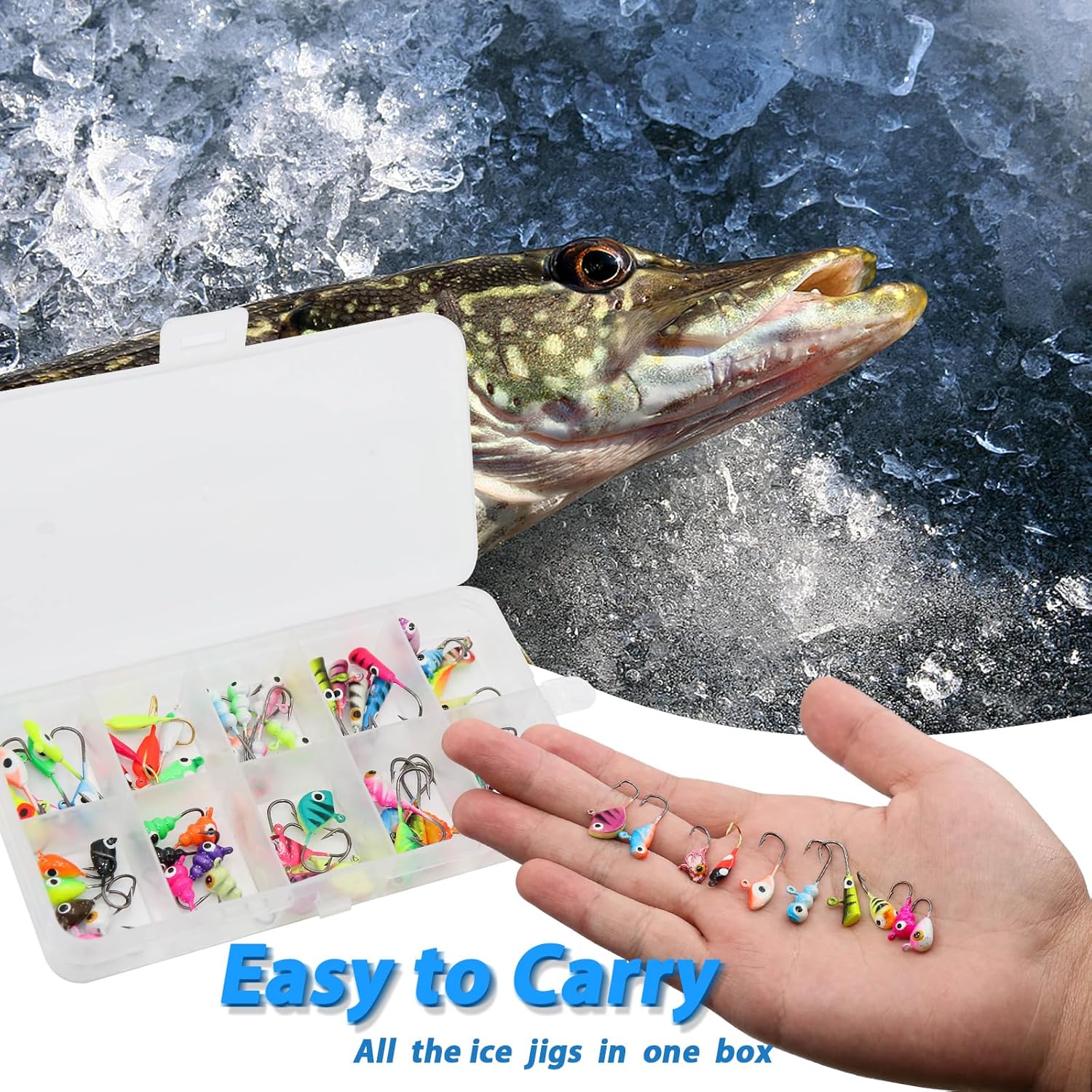 Ice Fishing Jigs Kit, 30/60Pcs Glow Ice Fishing Lure Set for Winter Ice Jigging Crappie Sunfish Perch Panfish Walleye Pike Jigs, Ice Fishing Gear with Storage Box
