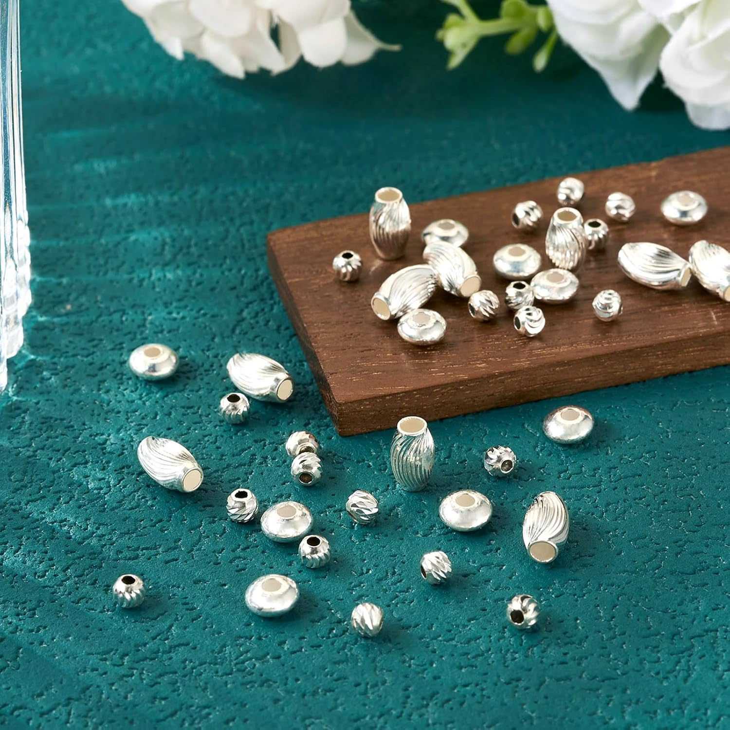 40 Pcs 925 Sterling Silver Corrugated Beads 3-5 mm Round Oval Saucer Spacer Beads Metal Loose Beads Bulk for DIY Necklace Bracelet Earring Crafting Women Key Chain Accessory