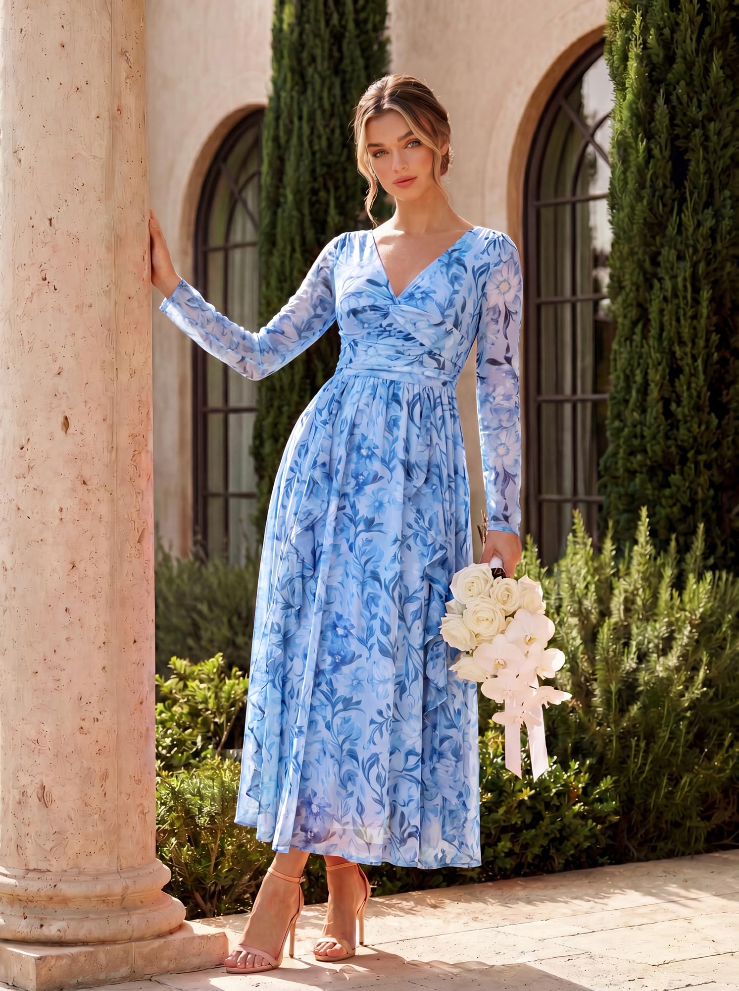 GRACE KARIN Damen Elegant Kleid V Ausschnitt Langarm Cocktailkleid | Maxilang,Halbtransparente lange Ärmel,Weiches und bequemes Netzgewebe,Gefüttert,Hochzeit,Party