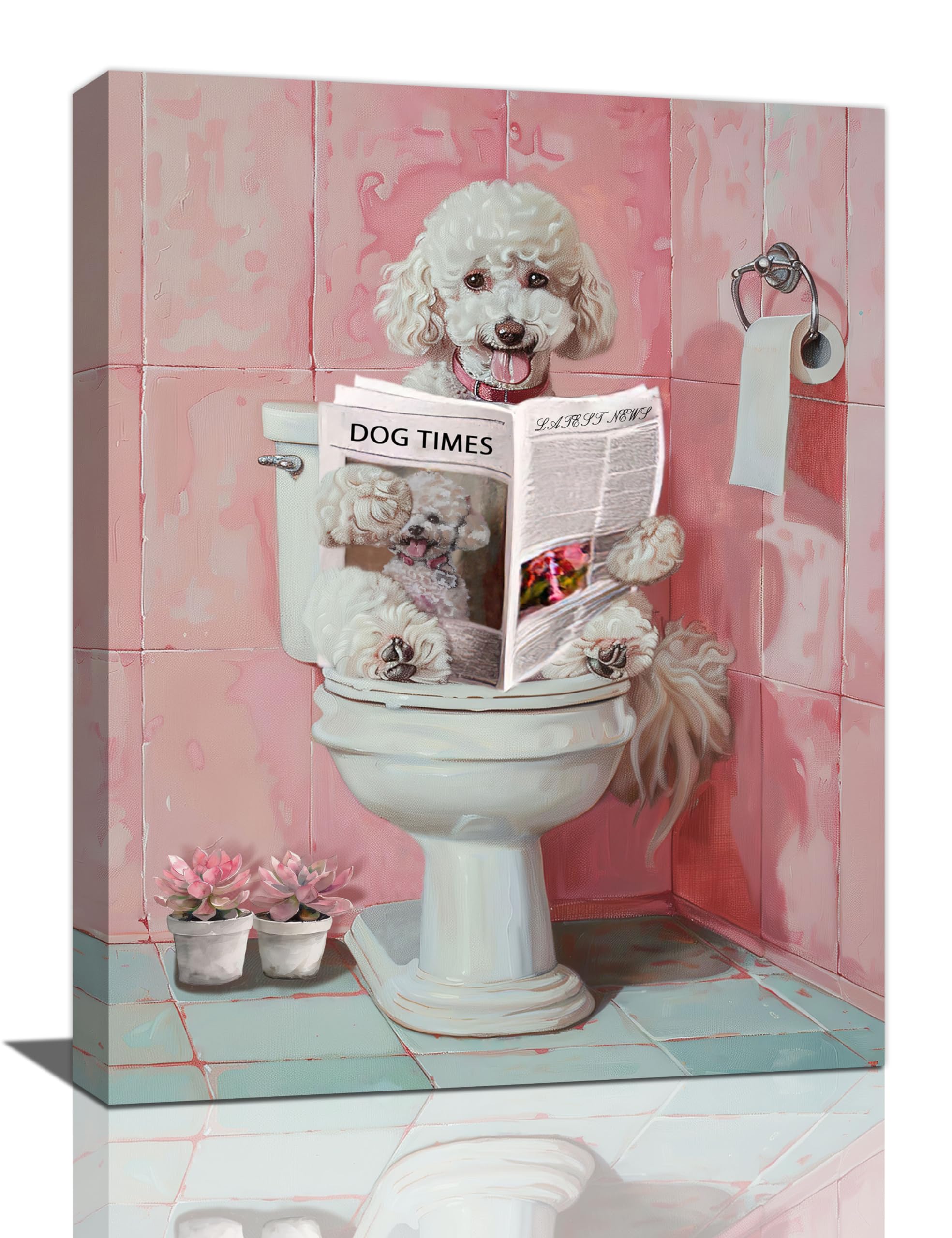 Bogosip Dog Bathroom Wall Art Cute Poodle On The Toilet Reading Newspaper 12"x16" Pink Bathroom Decor Modern Framed Artwork for Restroom