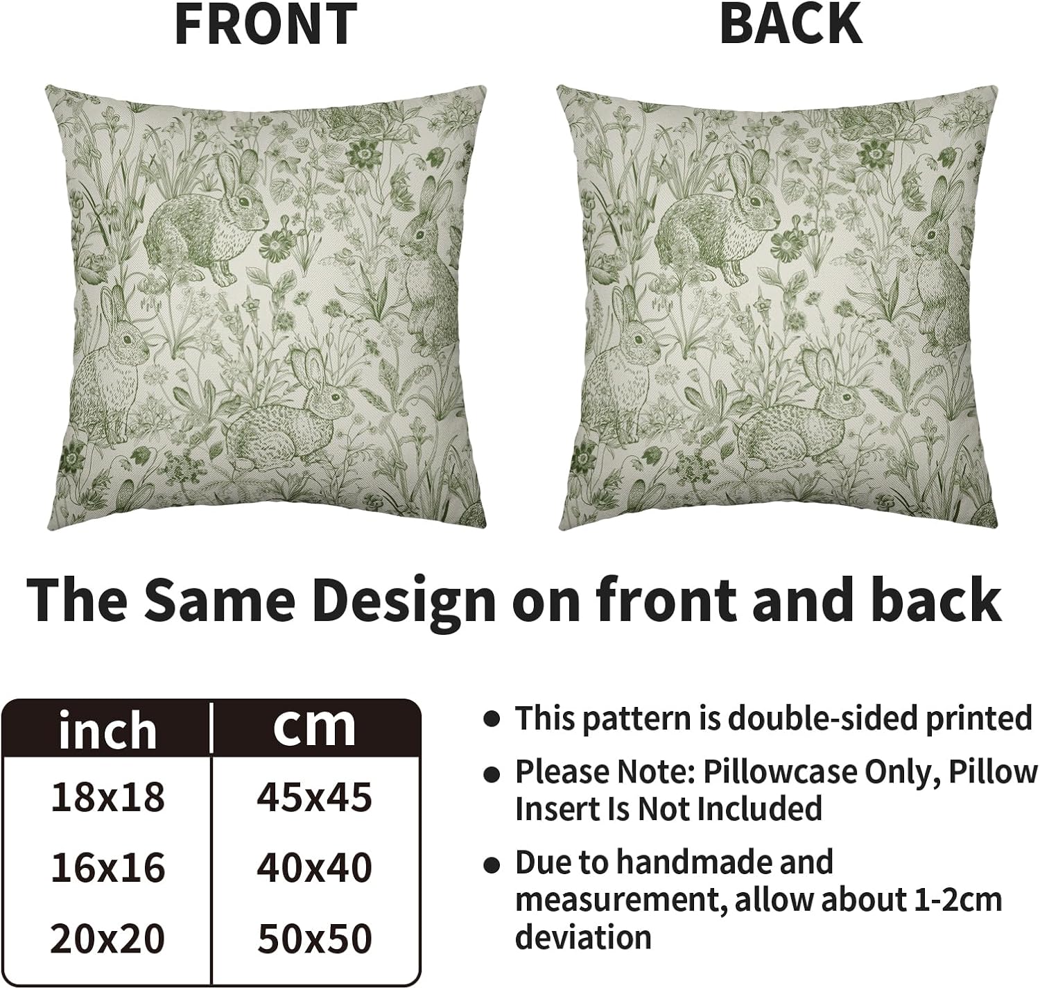 Easter Spring Green Pillow Covers 24X24 Set of 2, Vintage Flower Rabbit Bunny Floral Botanical Print Decorative Throw Pillow Covers Outdoor Farmhouse Seasonal Cushion Cases Couch Sofa Bed Decor
