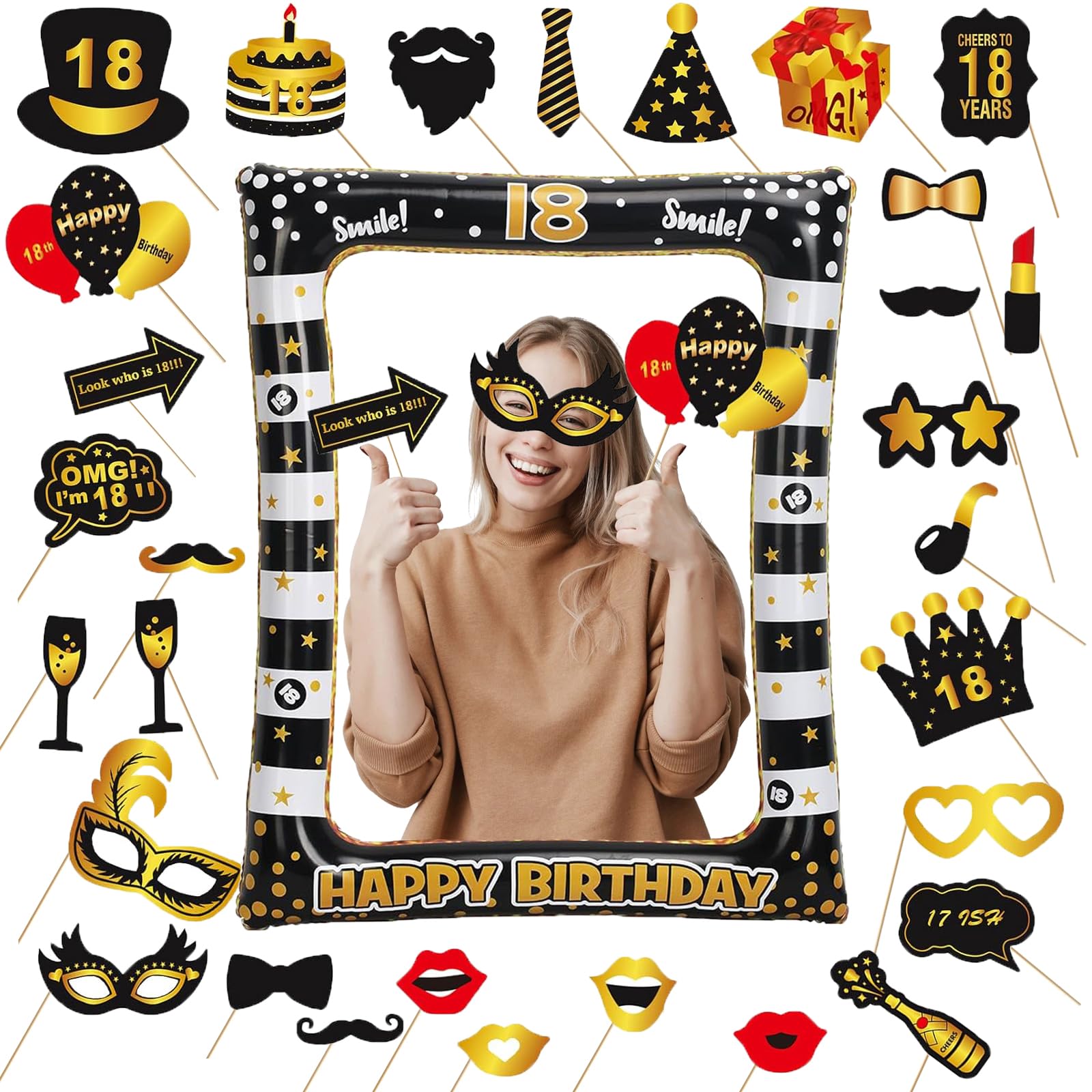 Acquwistach Black Gold 18Th Birthday Inflatable Frame, 31Pcs Photo Inflatable Booth Props, Gold Black Frame Decorations, Selfie Frame, For Her Him Birthday, Family Fun Holiday Party Supplies