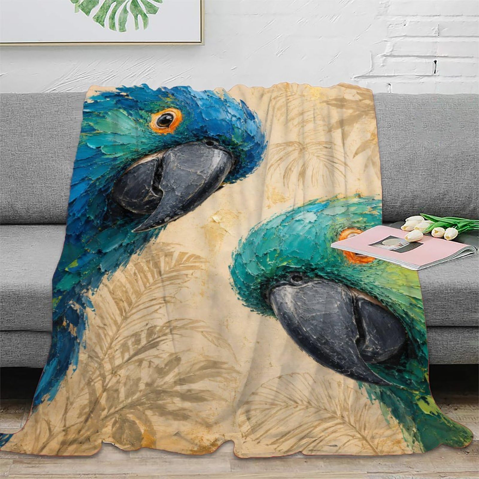 H3B8U2Y5 Tropical Blue Parrots Blanket, Flannel, Sofa, Ornamental Bird Art