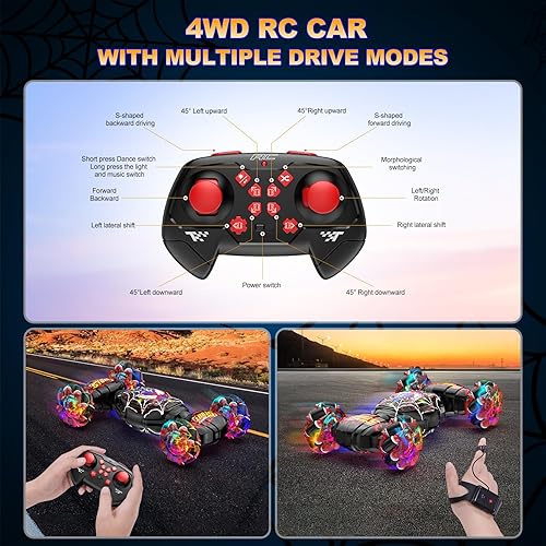 Miniatura 7 de Nikuku Auto de acrobacias RC con detección de gestos, auto de control remoto controlado a mano 4WD con rotación de 360, juguete de deriva de 2.4 GHz