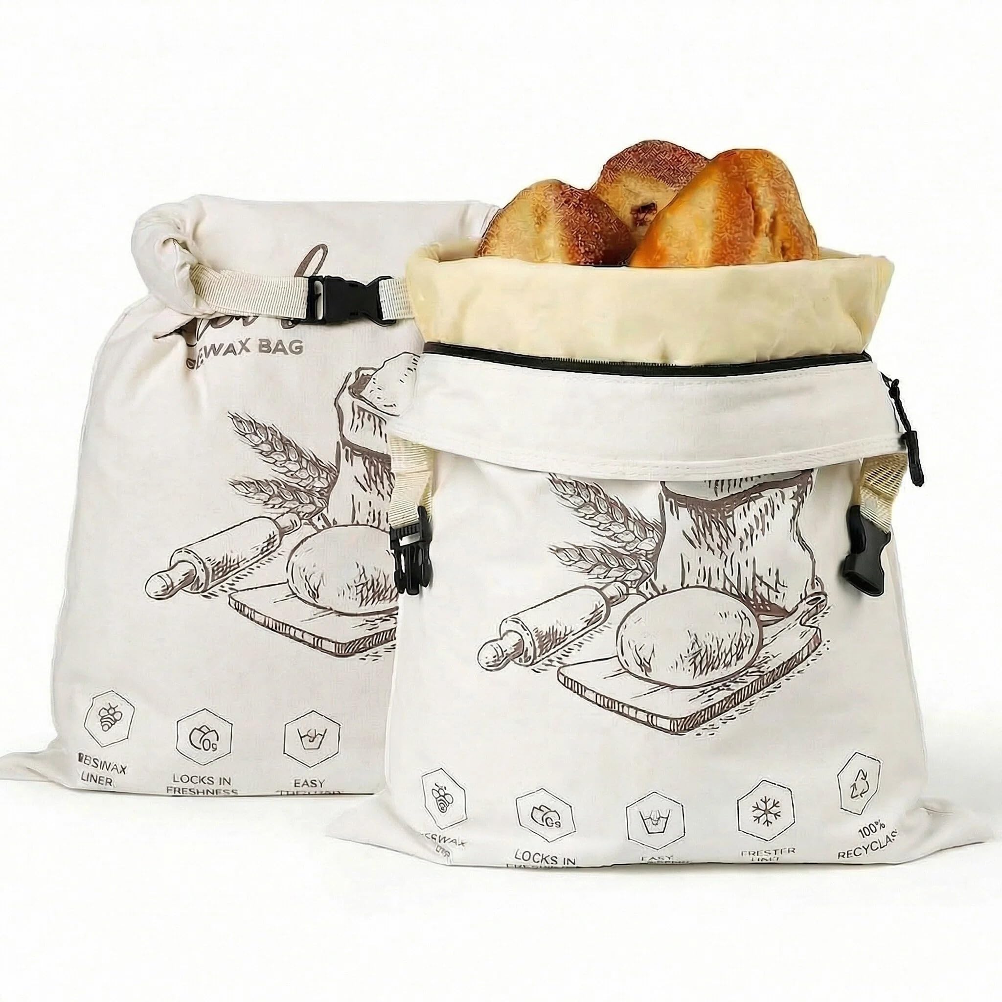 2 Stück extra große Bienenwachs-Brotbeutel mit Reißverschluss - Wiederverwendbare Baumwoll-Leinen-Brotaufbewahrungsbeutel mit natürlichem Bienenwachs-Futter für Sauerteig & Handwerkerbrote (weiß)