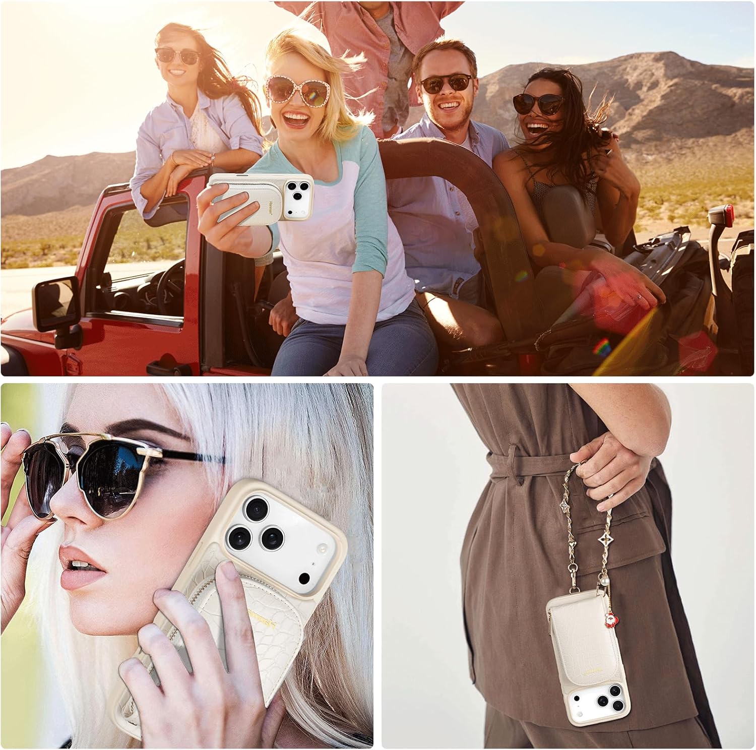 Hanman Magnetic Wallet Case for iPhone 17 Pro Max,RFID Blocking Leather Zipper Purse Magnetic Case with Chain Patche for iPhone 17 Pro Max,2 in 1 Detachable Magnetic Wallet Cover-Beige