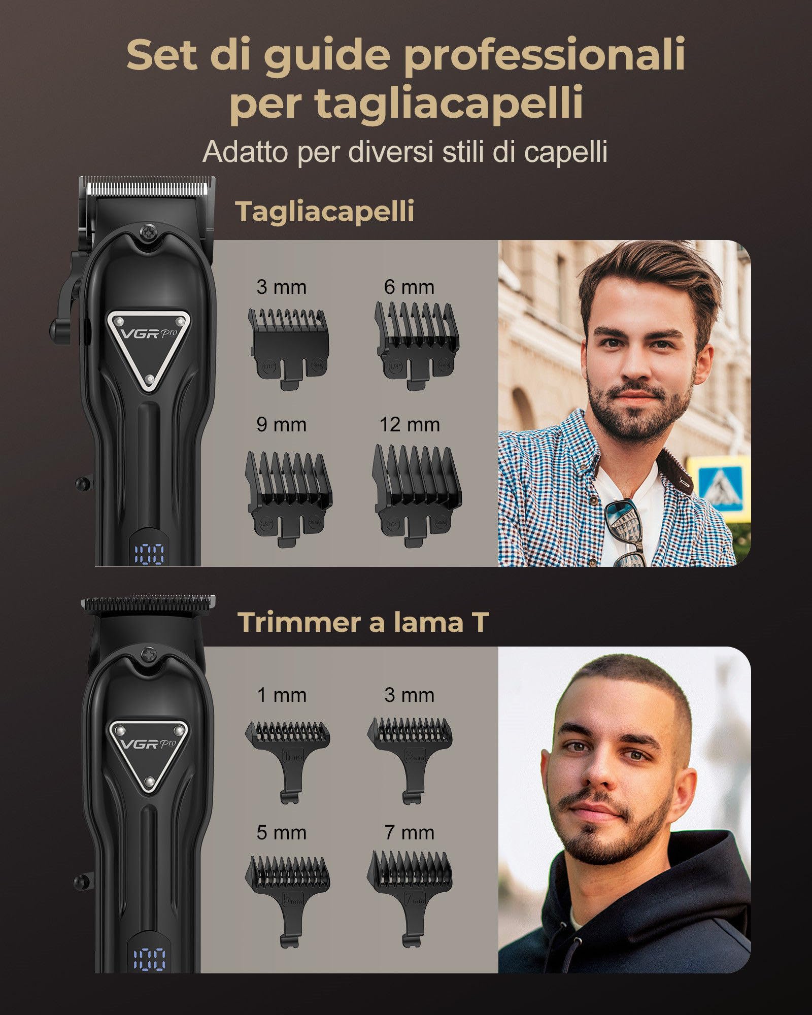 VGRPRO Tagliacapelli Uomo,Kit senza Fili con Tagliacapelli e Trimmer capelli,Batteria a Lunga Durata, Macchinetta per capelli Elettrica per Uso Familiare Barbiere (Nero)