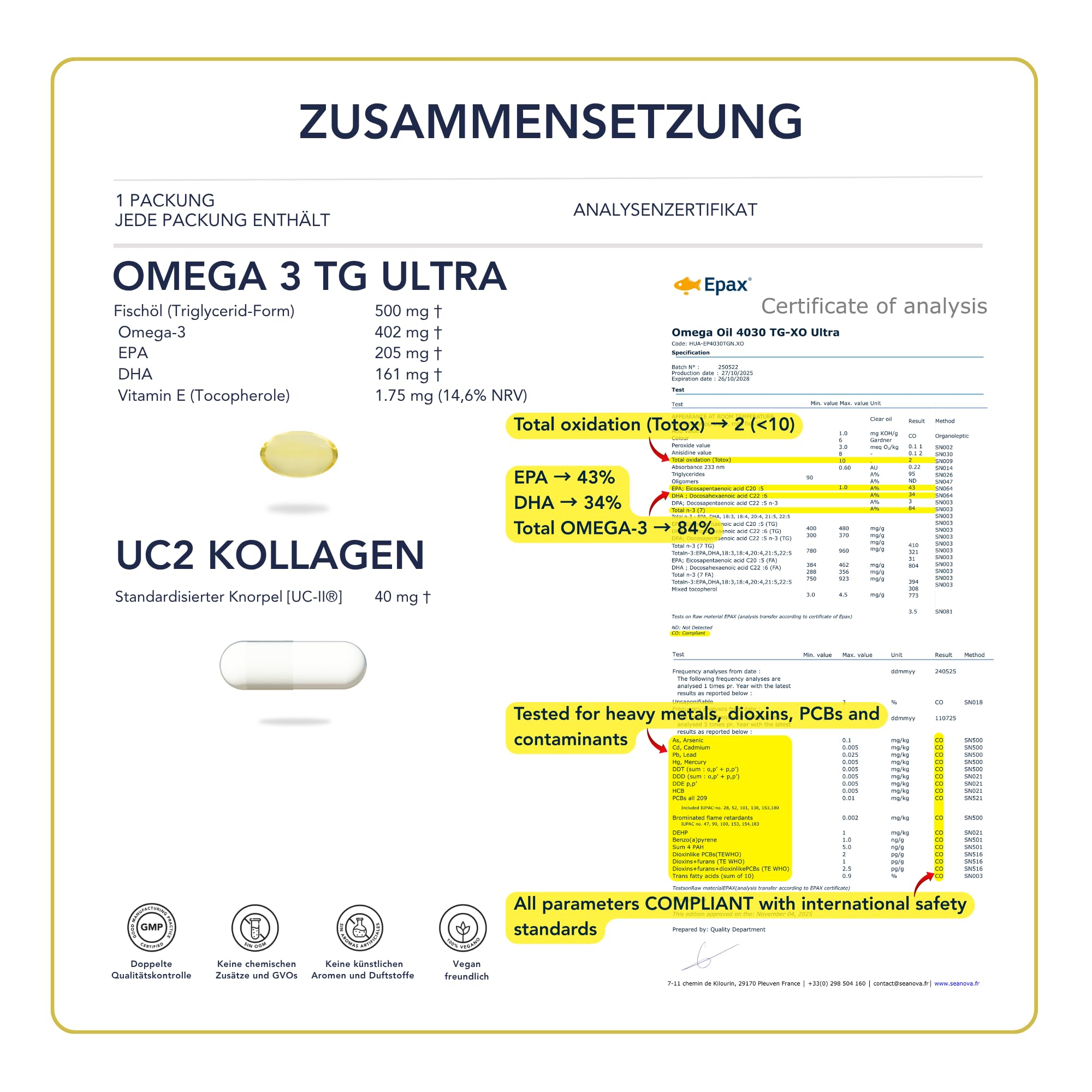 Omega 3 TG Ultra, UC-II Kollagen - SmartAbsorb™ | für Gelenkbeweglichkeit, Knochengesundheit und Gehirnfunktion | 28 Tagesportionen