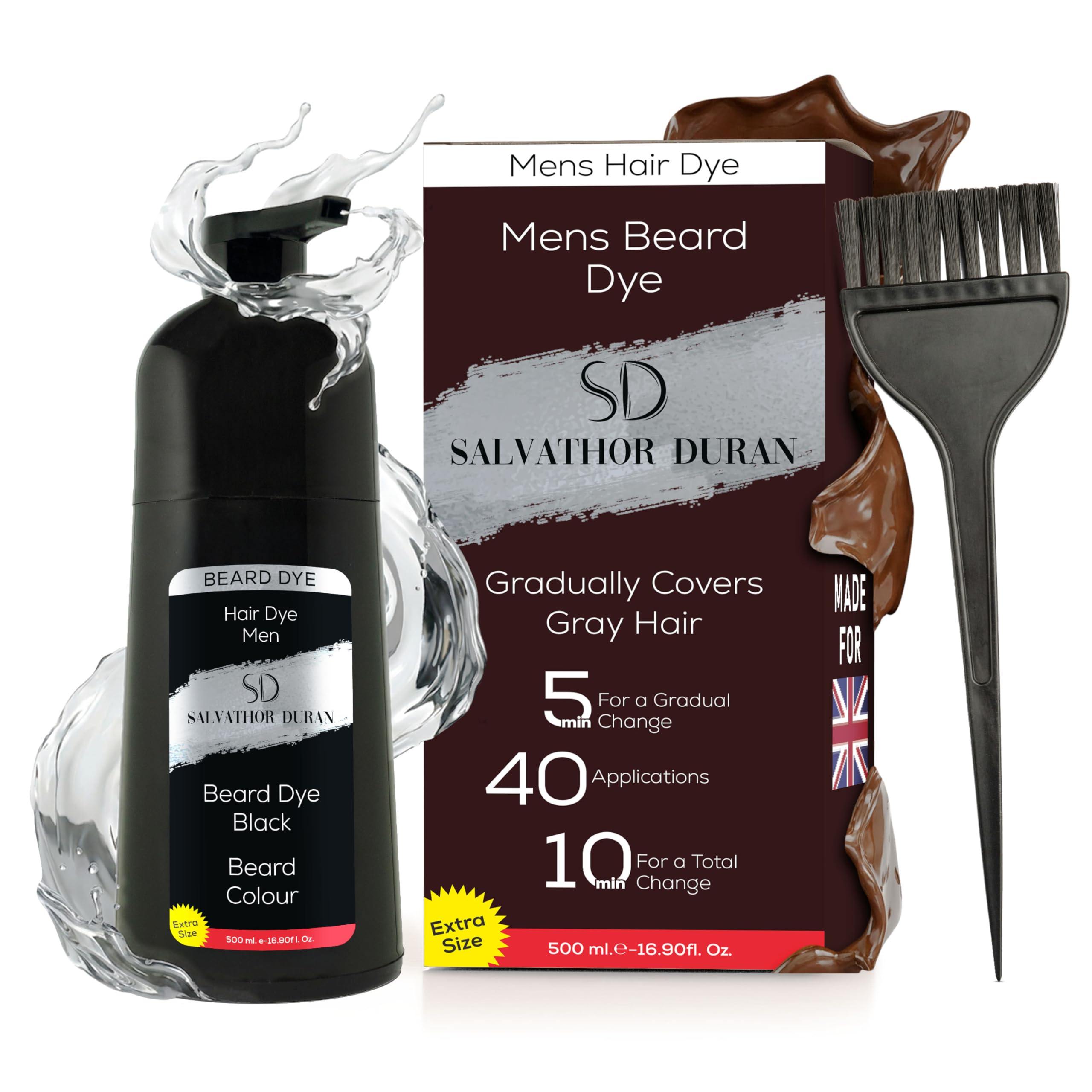 Beard Dye for Men - Mens Beard Dye - 40 Applications - With 20 Gloves and Brush - Salvathor Duran - 500 ml.