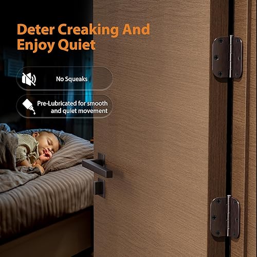 Vista 73 de Bisagras de puerta color negro mate, paquete de 108 bisagras negras para puerta de 3.5 pulgadas, bisagra de puerta interior redondeada con esquinas