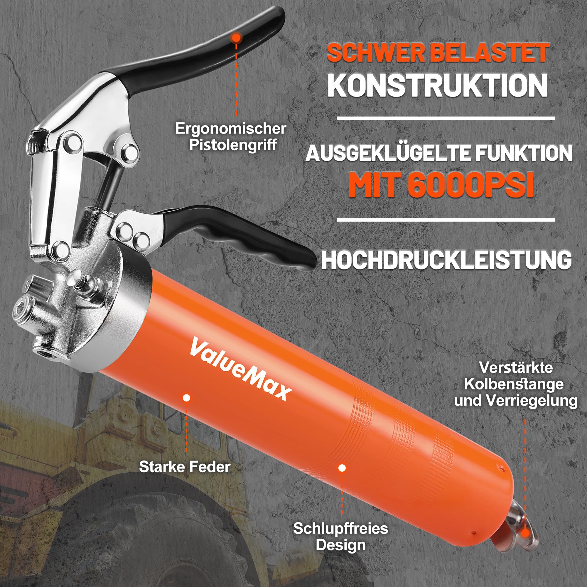 ValueMax Fettpresse 6000 PSI, Hochdruck-Handfettpresse mit 24/45 cm flexiblem Schlauch, Fettpresse für 400 ml Kartusche, inklusive 2 Metallrohre (11/14,5 cm) und 5 Düsen