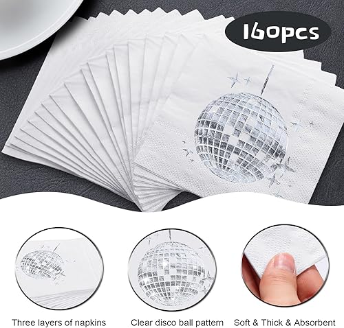 Miniatura 3 de Paquete de 160 servilletas de cóctel para fiesta de discoteca, elegantes, desechables de los años 70, 80, 90, suministros de fiesta, servilletas de