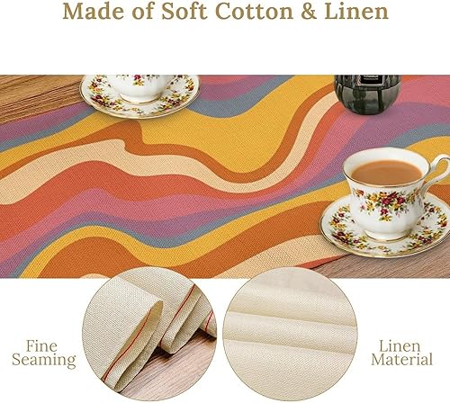 Miniatura 139 de Camino de mesa ondulado de los años 70, retro, hippie abstracto, vintage, verde, rosa, con estampado de ondas para el hogar, cocina, comedor, patio,