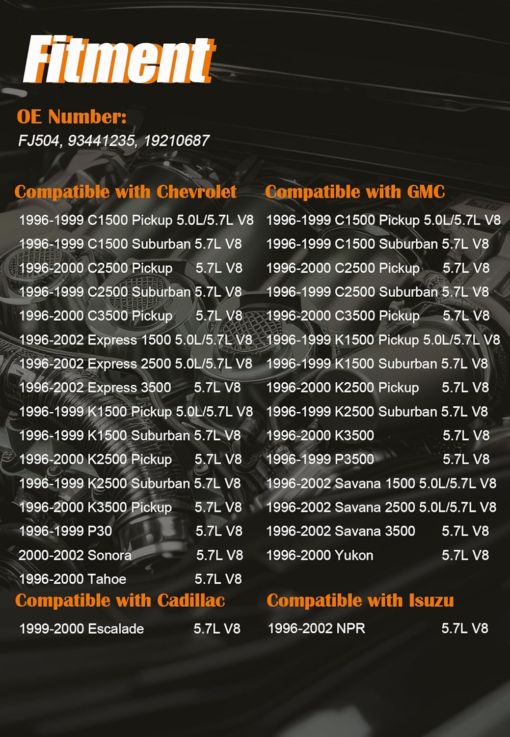 Upgraded Fuel Injector FJ504 fit for Chevy Tahoe Sonora C1500 C2500 C3500 Express K1500 K2500 K3500 P30, fit for GMC Yukon Savana K1500 C1500, fit for Cadillac Escalade, 5.0L 5.7L V8