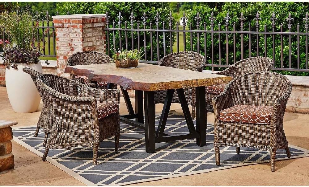 7 Piece Outdoor Wicker Dining Set with Phifer Geobella Concordia Red Cedar Fabric Cushions Covered and ​Six Barrel-Back Wicker Dining Chairs with Wood Table Top