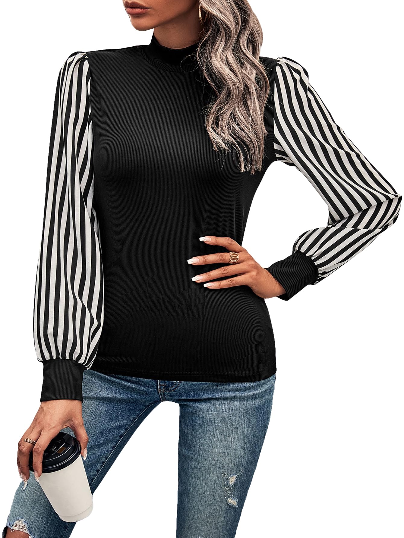 GORGLITTERWomen's Striped Print Mock Neck Lantern Long Sleeve Fitted Blouse Top