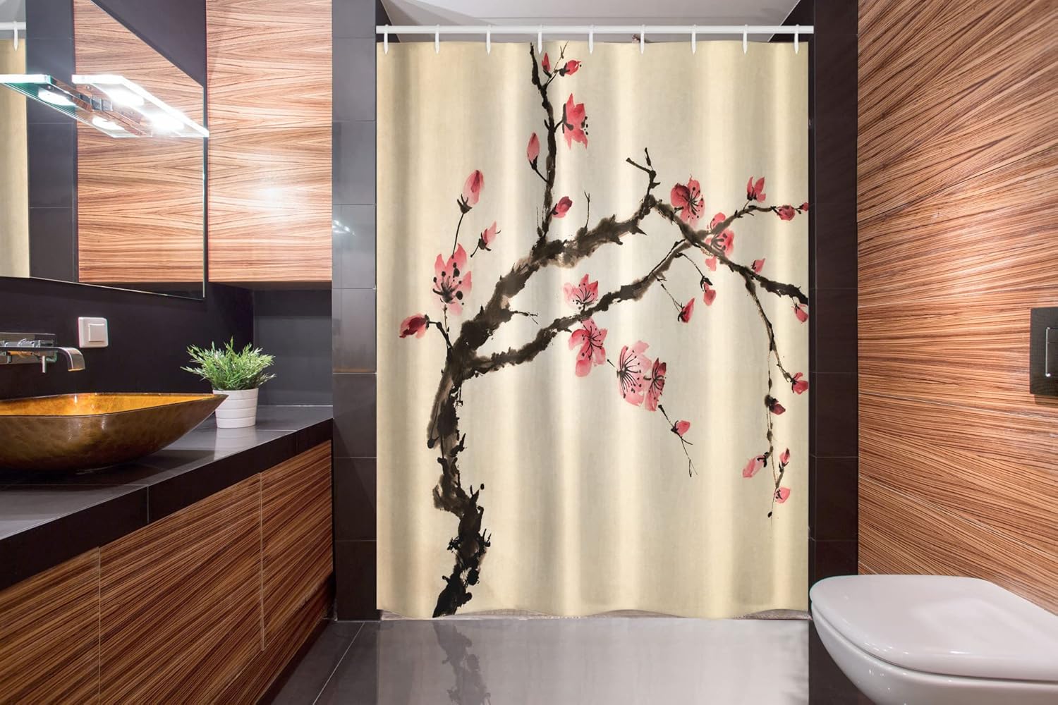 Ambesonne Japanese Stall Shower Curtain, Traditional Chinese Paint of Figural Tree Details Brushstroke Effects Print, Fabric Bathroom Decor Set with Hooks, 54" W x 78" L, Brown Pink