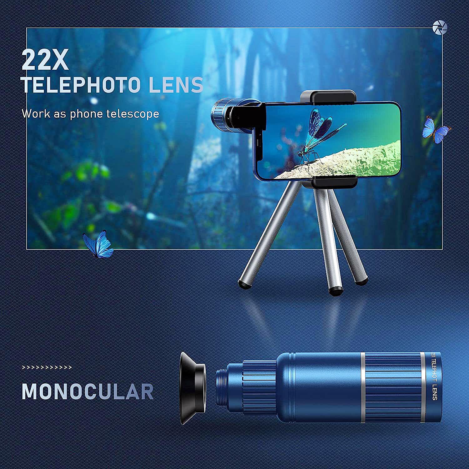 Kit de lente de cámara de teléfono, versión mejorada: incluye lente teleobjetivo 22X, lente ojo de pez de 205°, lente gran angular de 0.67X, lente macro 25X, clip y mini trípode para teléfonos