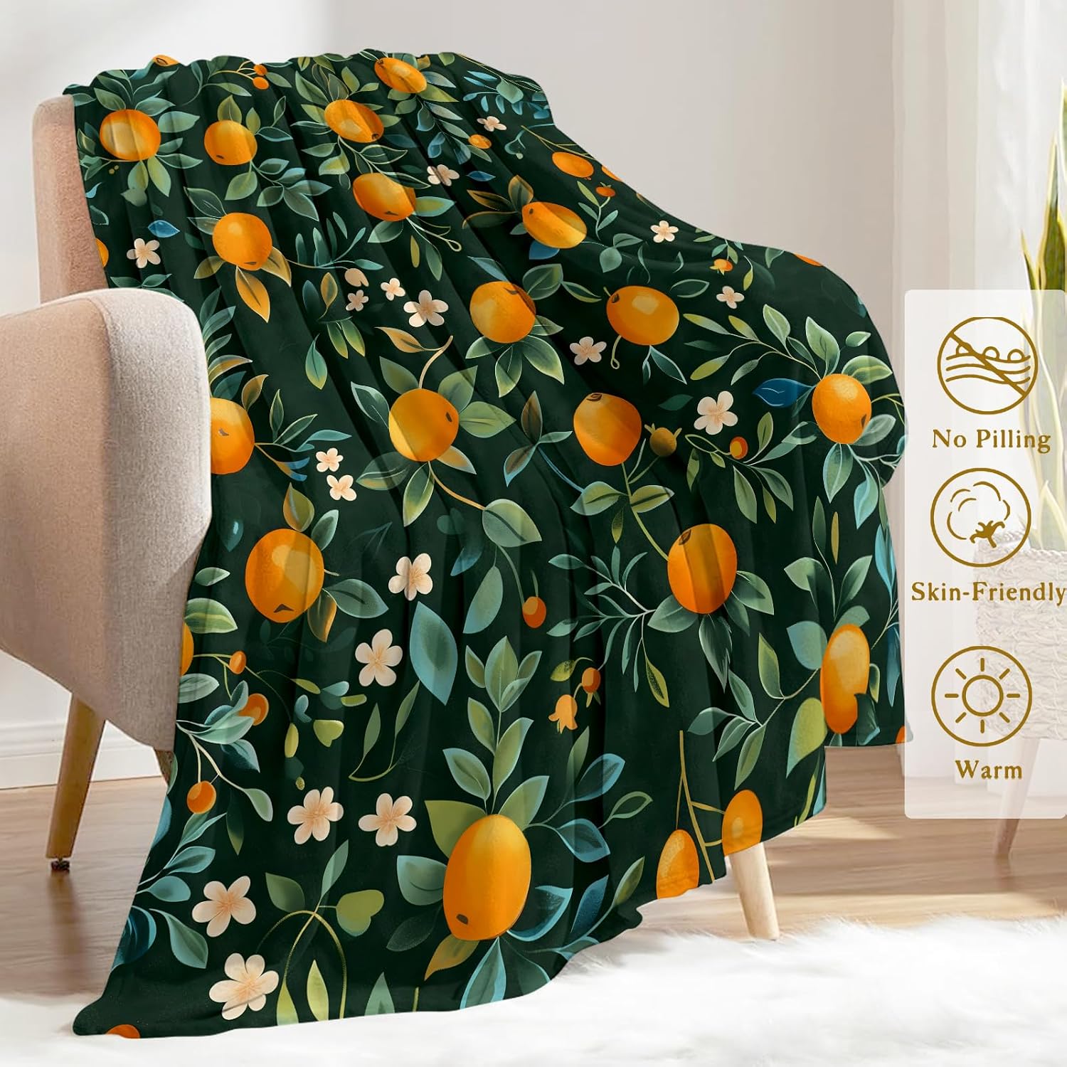 Oranges and Blossoms Flannel Blanket - Lightweight Soft Cozy Unique Gifts Blankets for Kids,Adult,Women,Elegant Dark Fruit Throw,Citrus Lovers,Home Room Modern Picnic Decor 50x60in