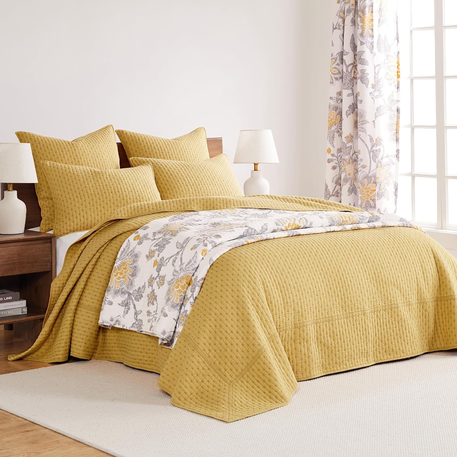 Levtex Home - Reverie Quilt Set - Full/Queen Quilt + Two Standard Pillow Shams - Floral - Yellow, Grey, and White - Quilt Size (88x92in.) and Pillow Sham Size (26x20in.) - Reversible - Cotton Fabric