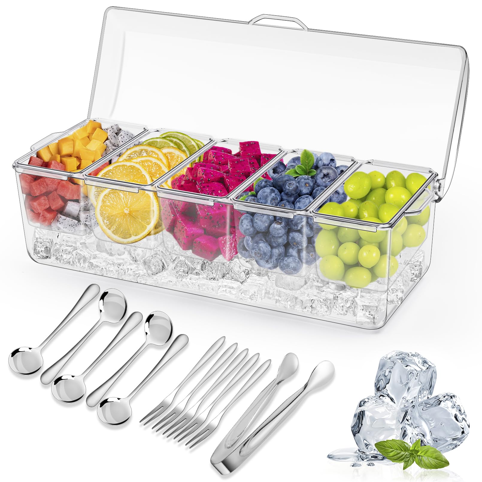 Gewürzschale Abnehmbarer Zutatenbehälter mit Deckel, Gekühlten Zutatenbehälter, 5 Fächer 12,7 x 6 x 7,1 cm, Eisgekühlter Gewürz Servierbehälte für Snacks Obst Toppings inkl.