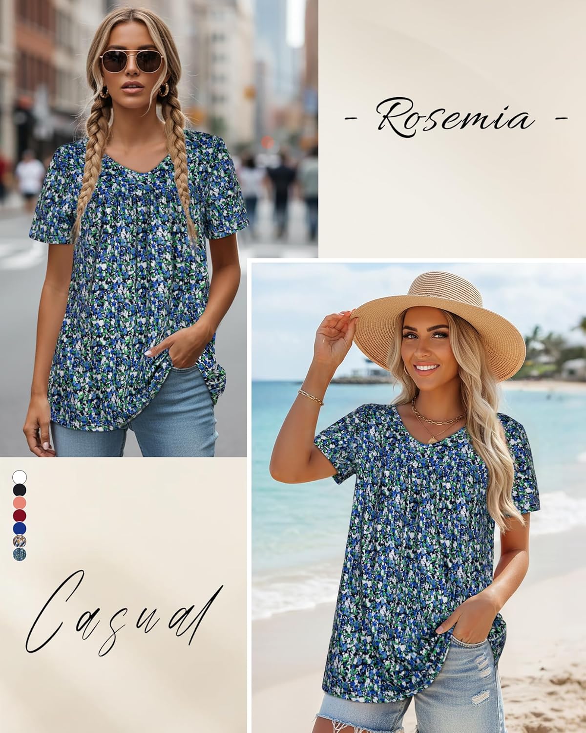 T Shirts for Women Short Sleeve Tops Casual Pleated Front Blouses V Neck Summer Tees - Image 2