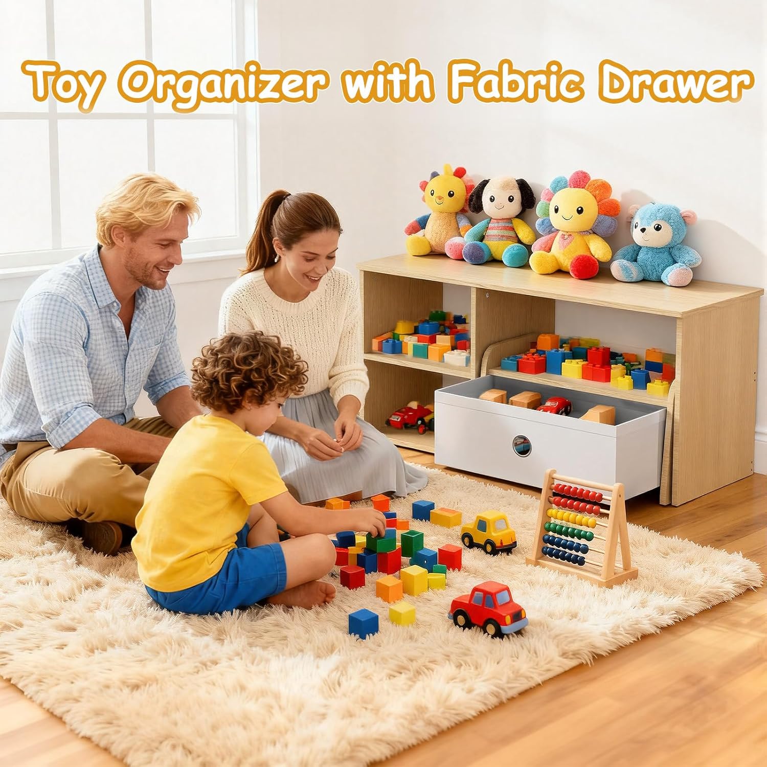 Kids Bookshelf with Bench, Toddler Table with Reading Nook, Montessori Shelf with Fabric Drawer, Toy Organizers and Storage for Kids Rooms, Nursery, Playroom, Bedroom, Natural - Image 7