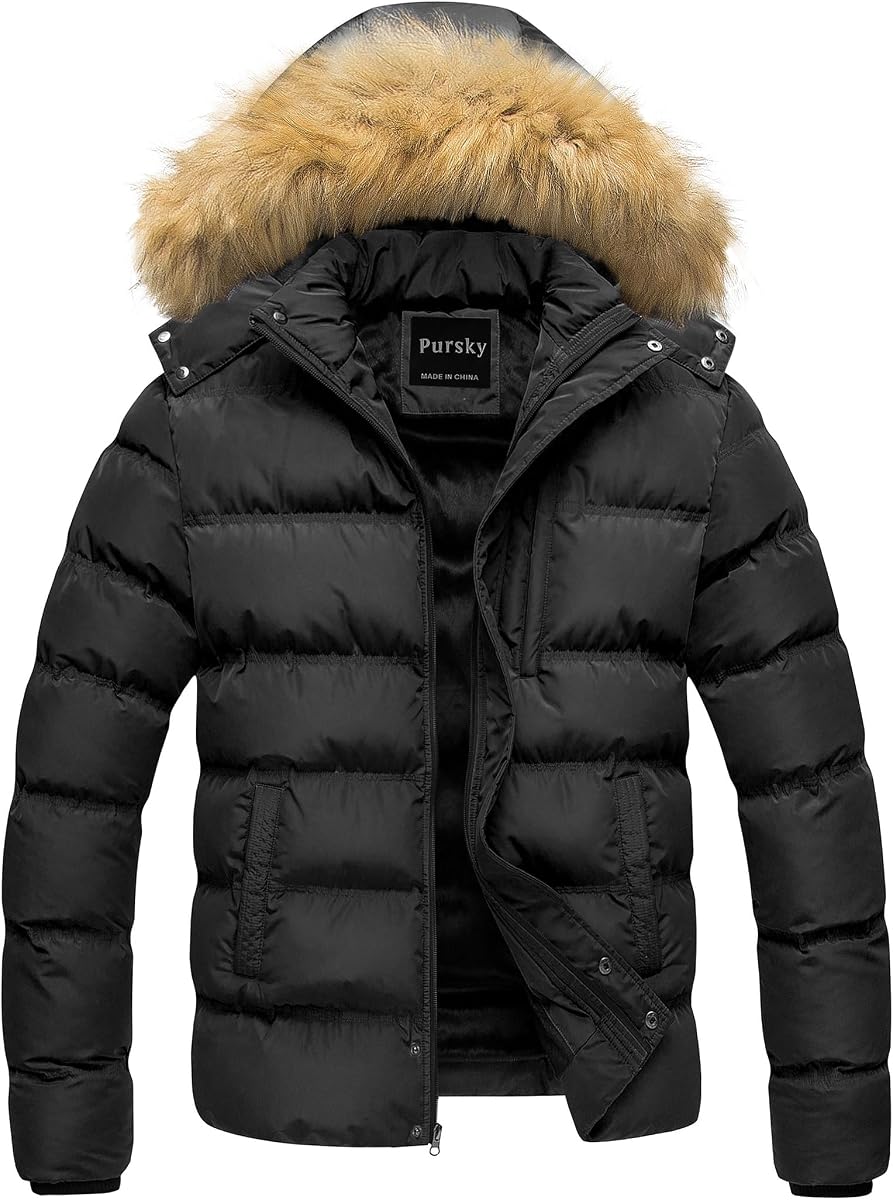 Men's Puffer Jacket Waterproof Winter Bubble Coats Ski Parka Fur Hooded
