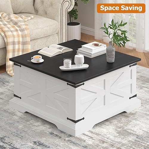 Miniatura 3 de Bigbiglife Mesa de centro de granja con almacenamiento, mesa central cuadrada de 31.5 pulgadas para sala de estar, mesa de cóctel de madera rústica
