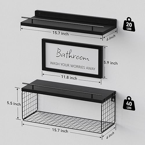 Miniatura 3 de WOPITUES Estantes flotantes con letrero de decoración de pared de baño, estantes de pared de madera de granja sobre el inodoro con cesta de