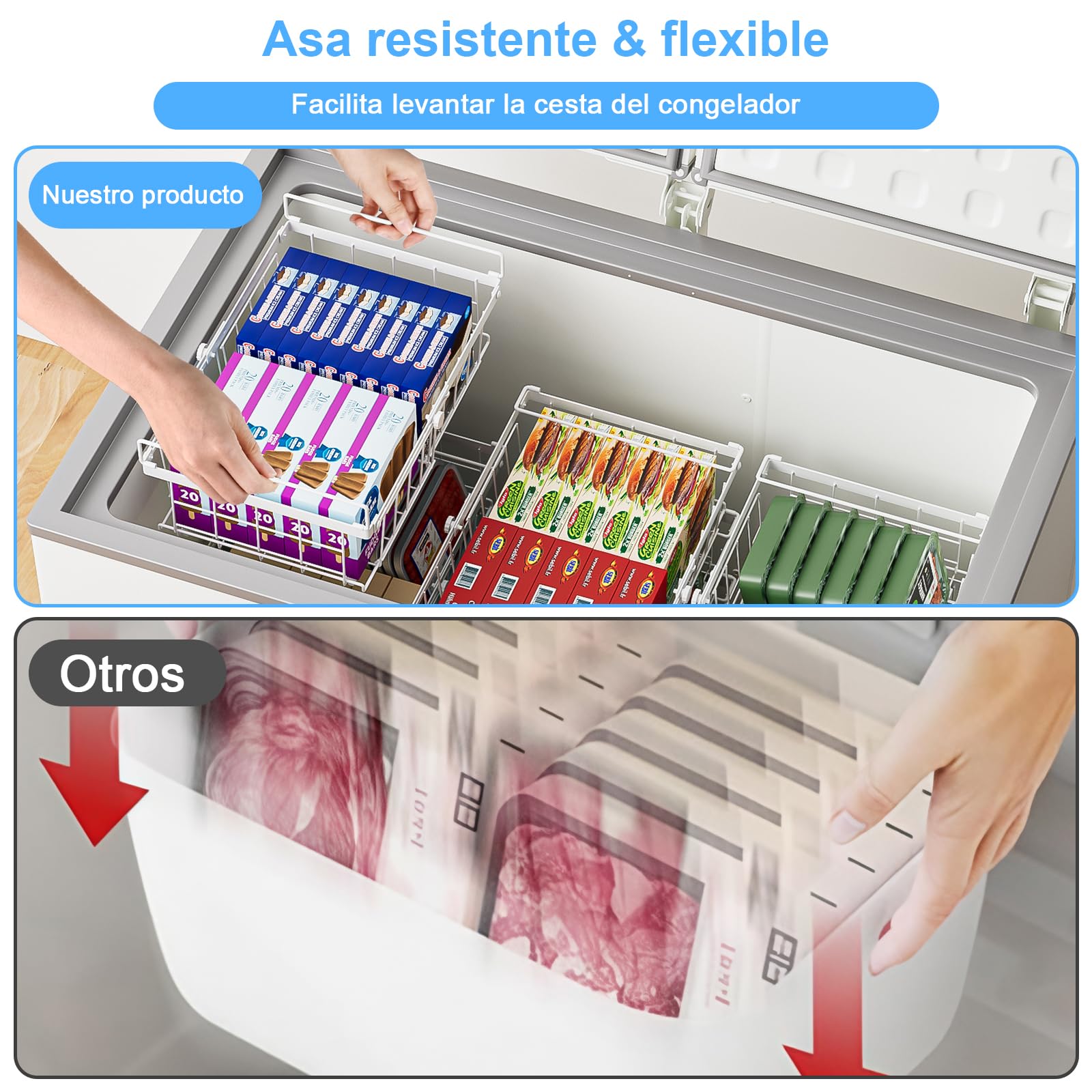 4 Piezas Organizador Congelador Cestas Apilables Para Congelador con Asa,Metal Organizador Arcon Congelador Apilable Extensible,(29-45.5x30.5x15cm) Blanco