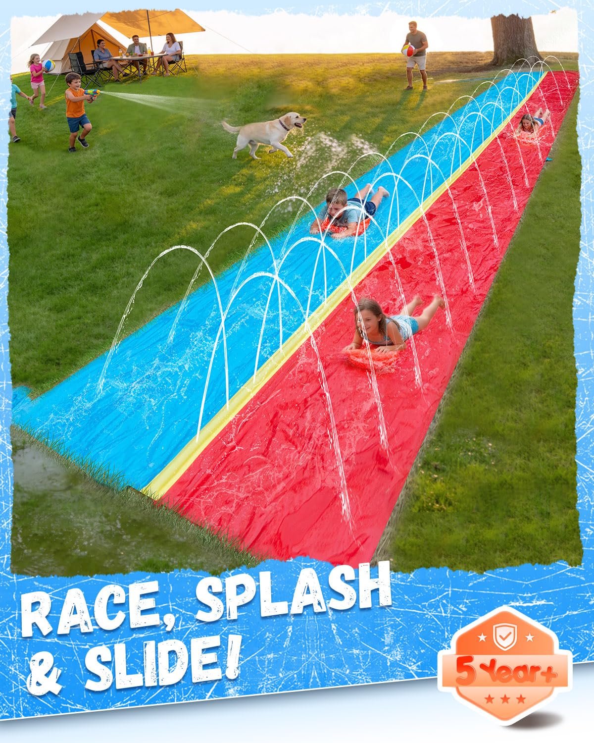 Spring Water Rutsch- und Wasserrutsche für Kinder, 12,2 m, extra lang, 2 Bahnen, Rutsch- und Wasserrutsche mit Sprinkler, Gaint-Wasserrutschen mit 2 aufblasbaren Bodyboards, Outdoor-Spaß