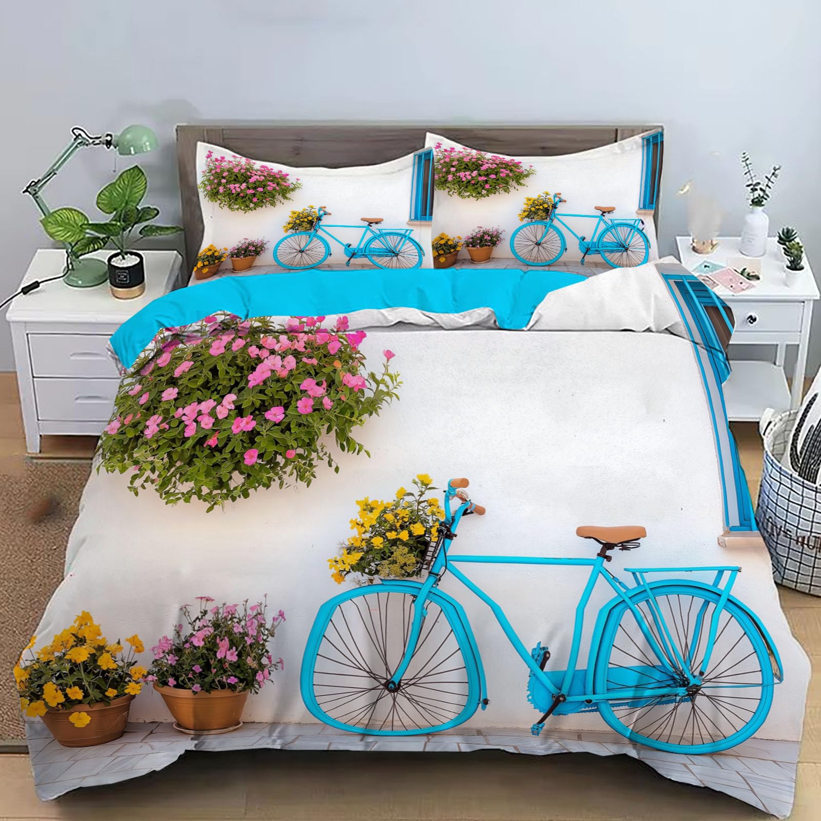 Housse de couette 260x240cm paysage rural bleu et blanc avec taies d'oreiller
