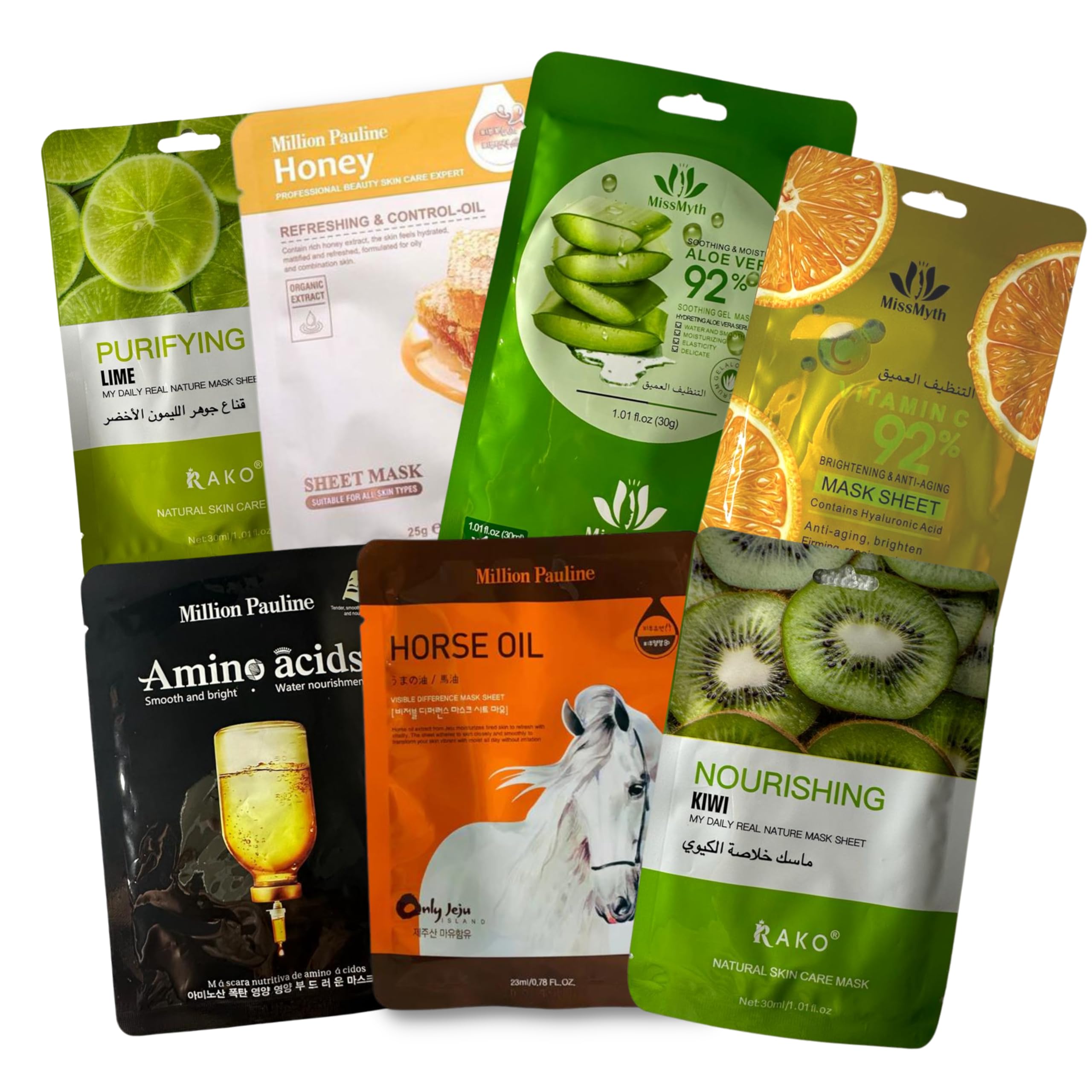 Facial Sheet face Mask 7 Combo (Pack of 7) | Face Masks Natural Skincare, Hydrating, Moisturizing & soothing, Brightening & anti-aging, Beauty Mask For All Skin Type Variety Beauty Mask Set