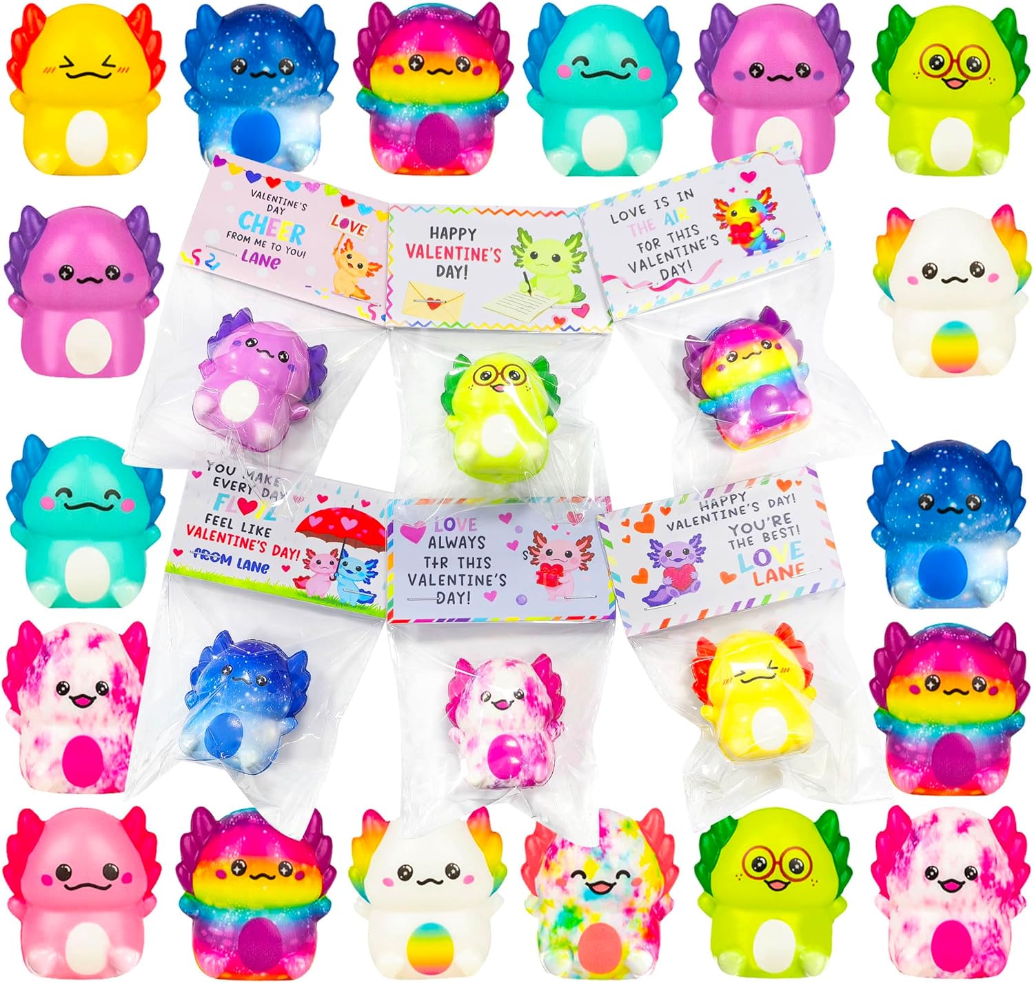 24 Pcs Valentines Day Gifts Cards with Axolotl Slow Squishy Toys Soft Stress Relief Fidgets Toys for Kids Girls Boys Valentines Gifts Party Favors Classroom School Exchange Prize