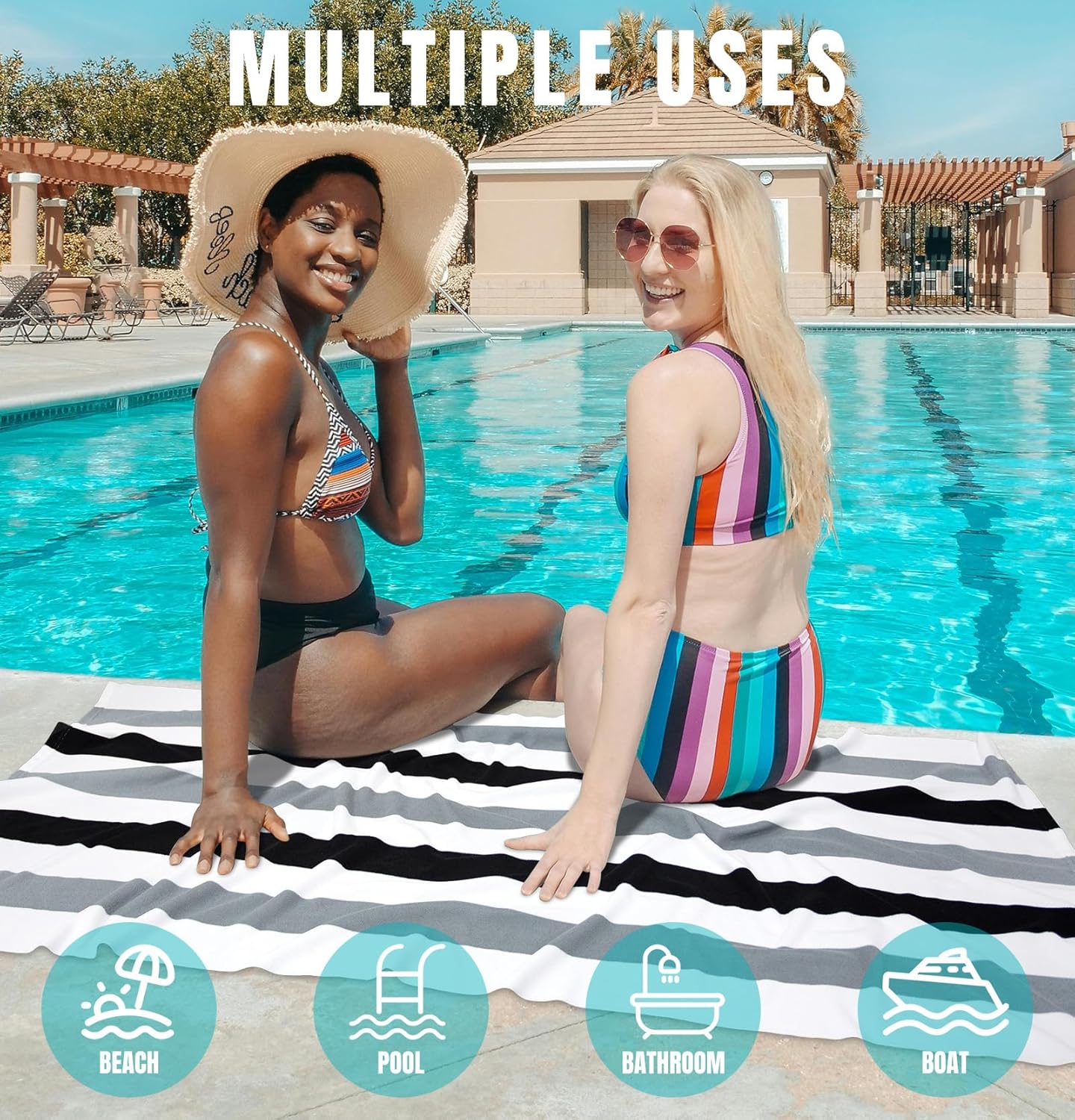 cabanana Large Oversized Beach Towel - Microfiber Sand Free 35 x 70 Inch Quick Dry Lightweight Pool Towel for Adults, Thin Striped Swim Towel (Black) - Image 5