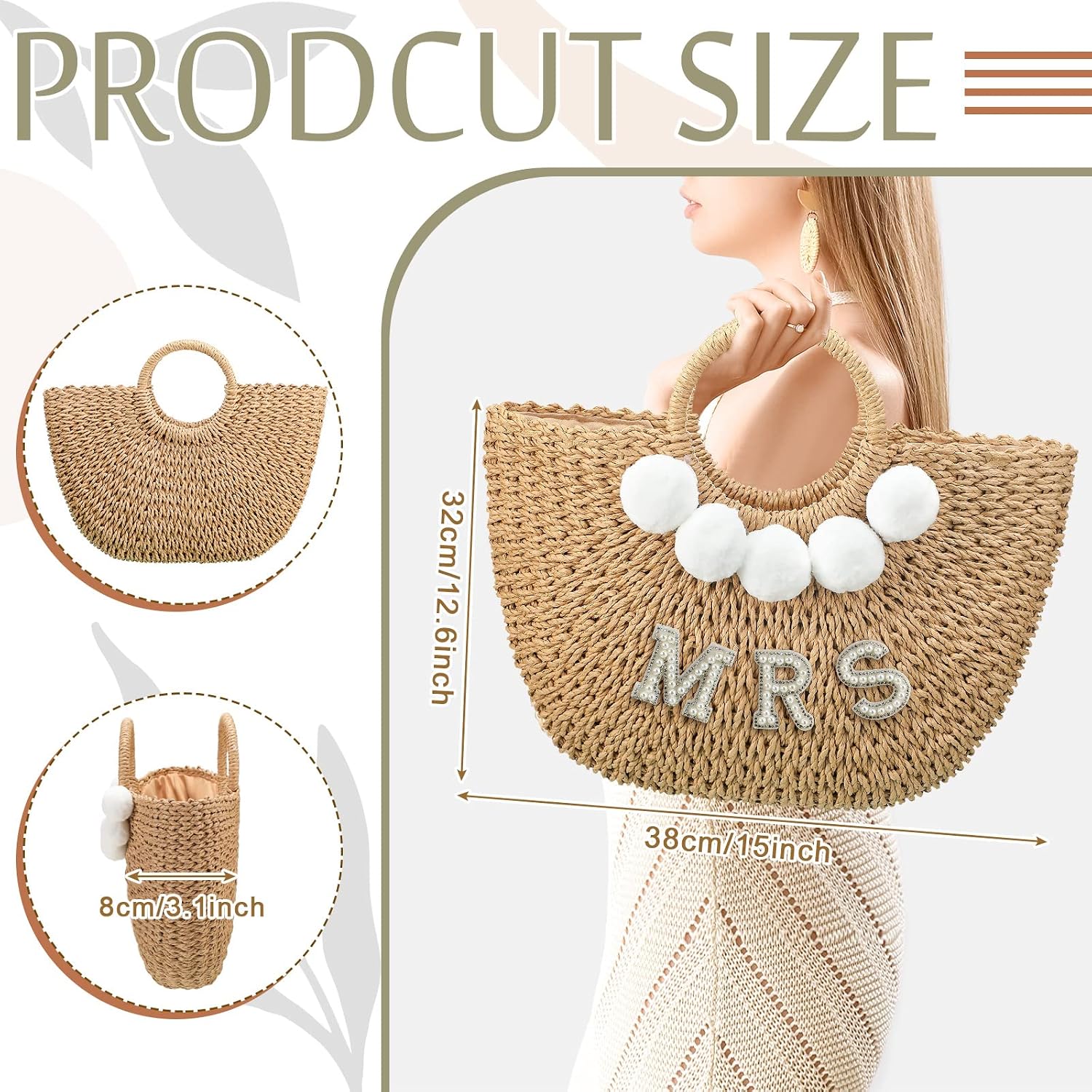 Pinkunn Bride Gift Beach Bag Mrs Handwoven Straw Bag Rhinestone Pearl Letters Purse Bachelorette Wedding Honeymoon Essentials | Bride Gift