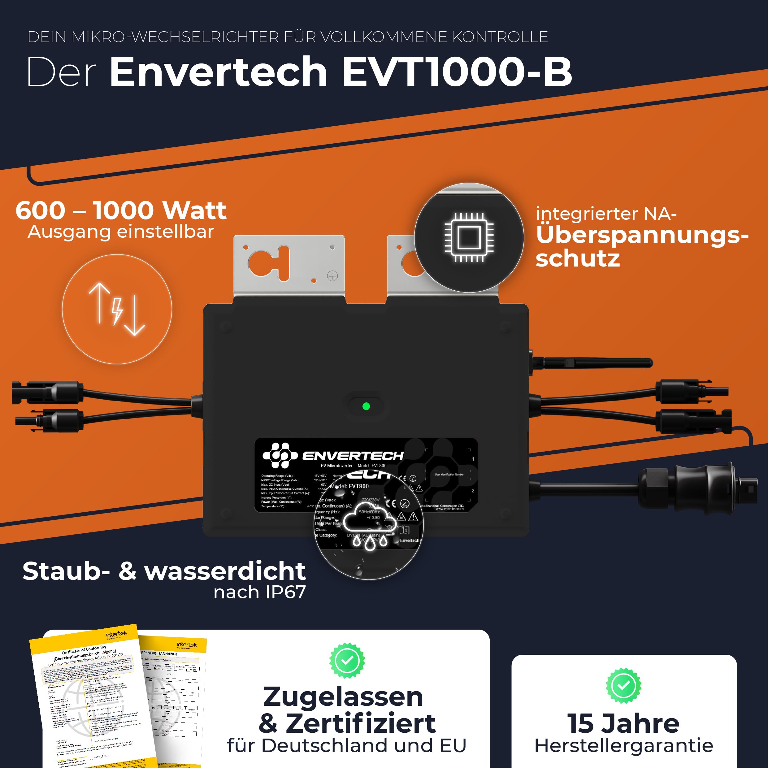 Solarway All In One Envertech - Microinverter da 800 W, energia solare e eolica con 5 m di cavo – inverter 800 W – Black Case – con app e WiFi (EVT-1000-B)