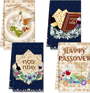 4 Pcs Passover Themed Kitchen Towel 15.75 x 23.62 Jewish Passover Decorations Pesach Star of David Towel Decor Jewish Seder Plate Gift for Festival Holiday Party Dining (Flower Style)