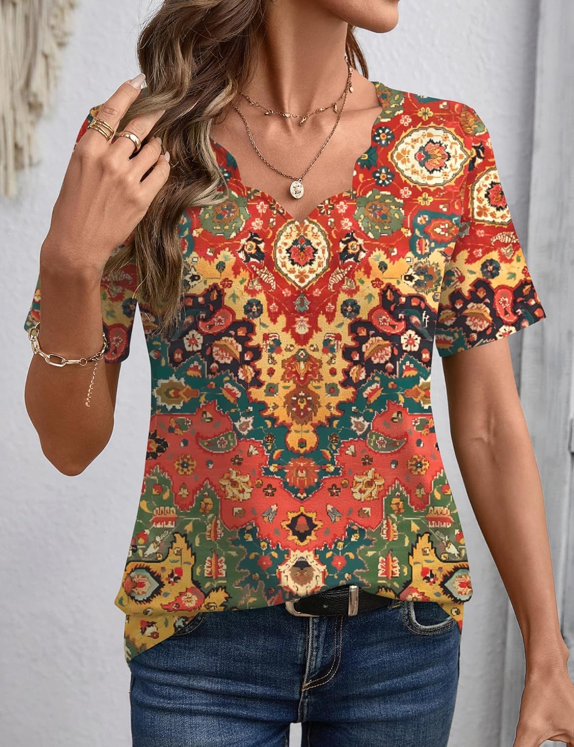 LOMON Womens Summer Tops V Neck Short Sleeve Shirts Dressy Casual Tunic Blouses Spring Fashion - Image 2