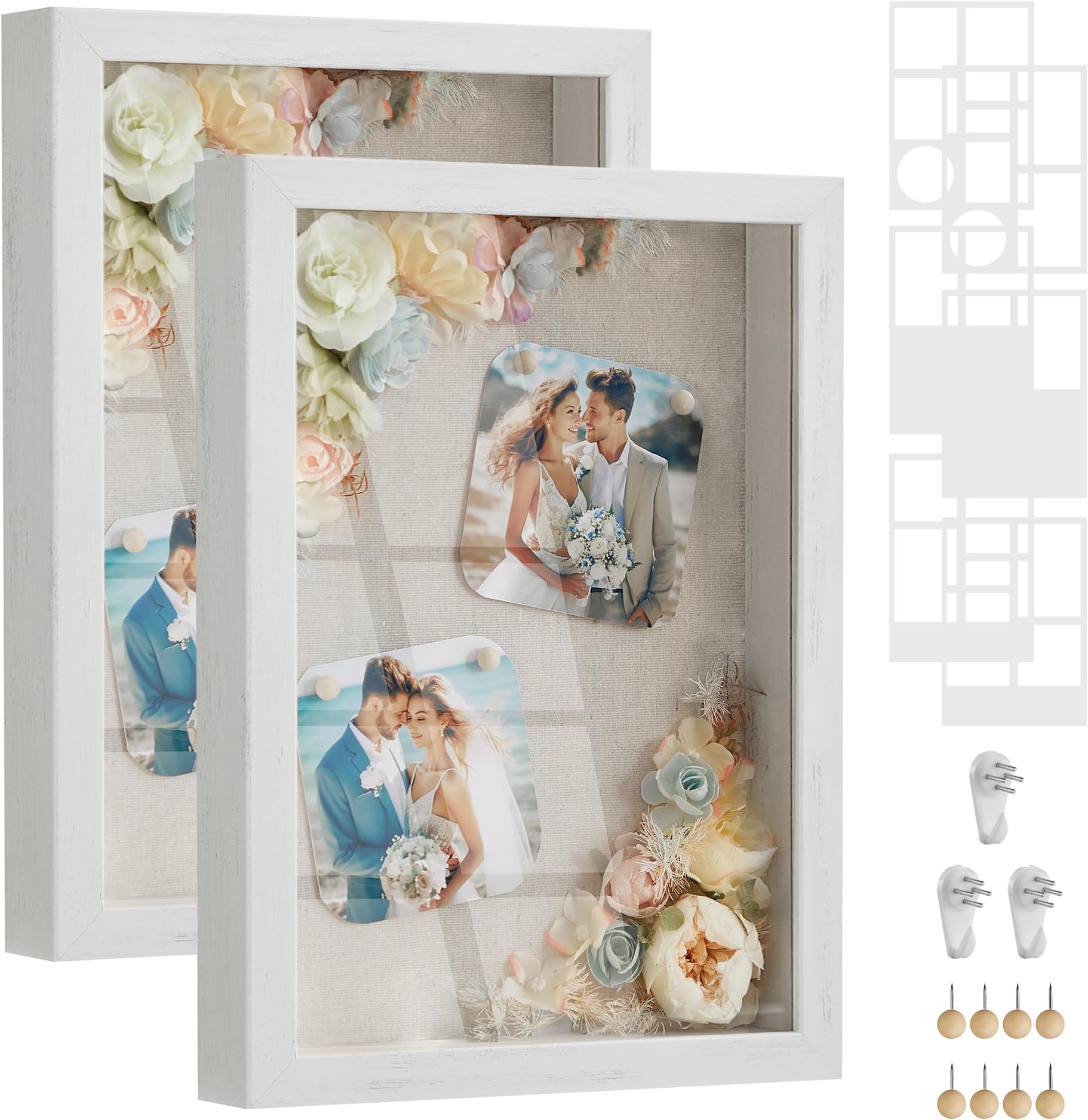 SONGMICS Shadow Box Frame, Set of 2, 1.3-Inch Deep Memory Display Case for Desk Wall Decor, Box Picture Photo Frame with 8 Wood Push Pins, 6 Mats, 3 Non-Trace Nails, Gift, Rustic White