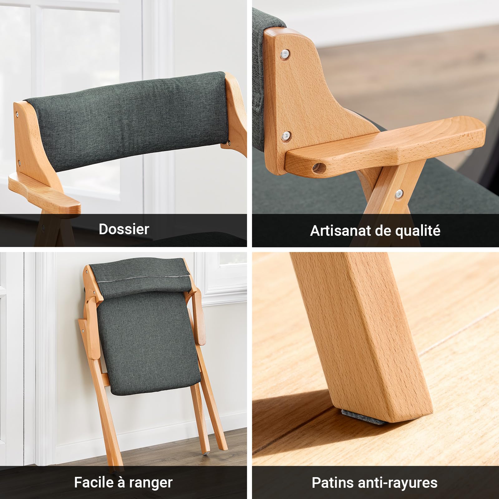SoBuy Chaises de Salle à Manger Pliantes, Lot de 2, 61,5×56×77,6 cm | Chaises en bois massif avec coussin confortable, pliables, pour cuisine, salon, bureau et jardin, Gris foncé, FST98-SGX2