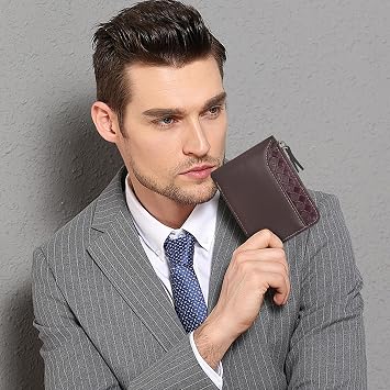 PU Leather Wallets for Men, Minimalist Bifold Wallet with Zipper, Small Card Holder Wallet with ID Window and Coin Pocket (Dark Brown)