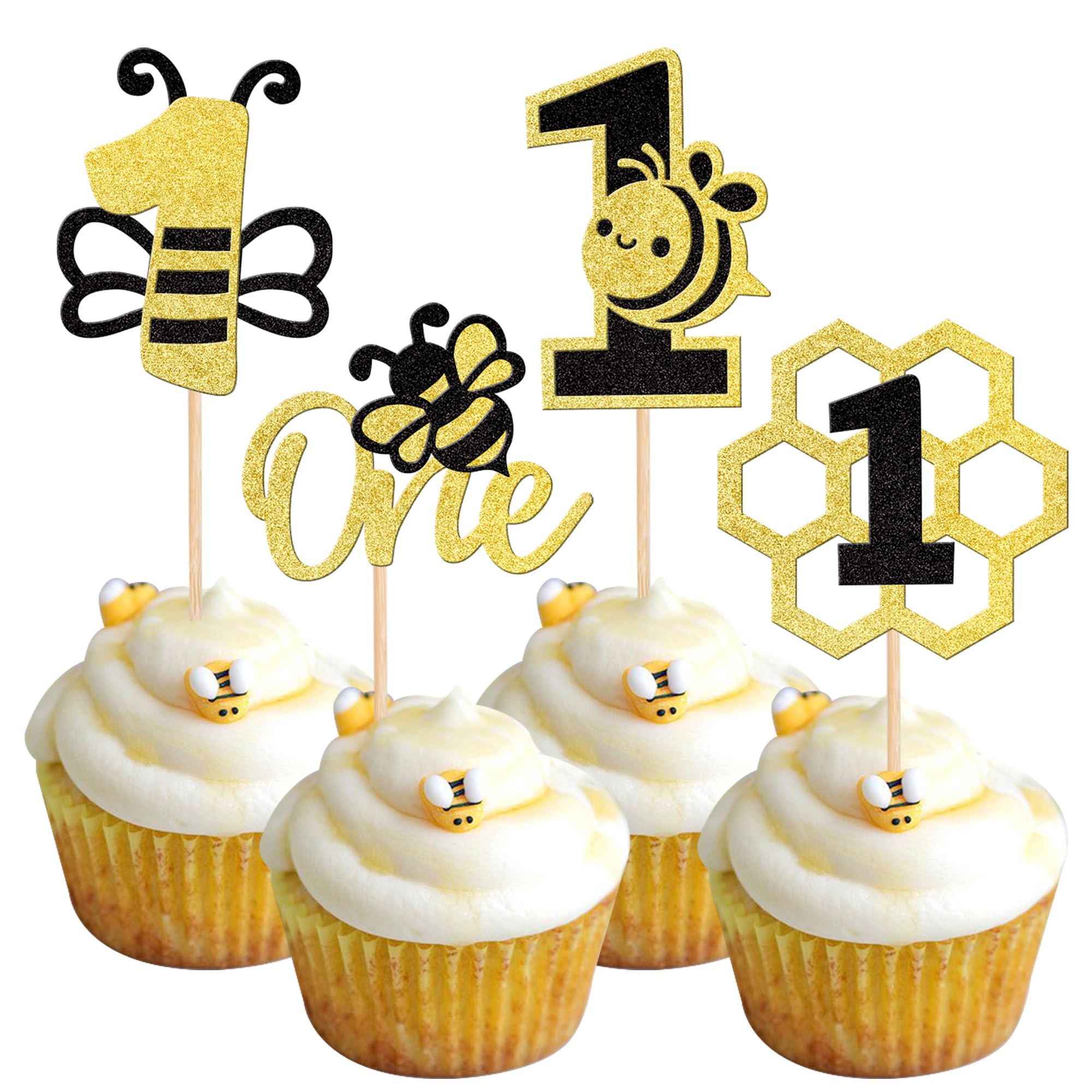 24 PCS Bee One Cupcake Toppers Black and Gold Glitter Honeycomb Number 1 Bee Cupcake Picks 1st Birthday Cake Decoration for Bumble Bee Theme Baby