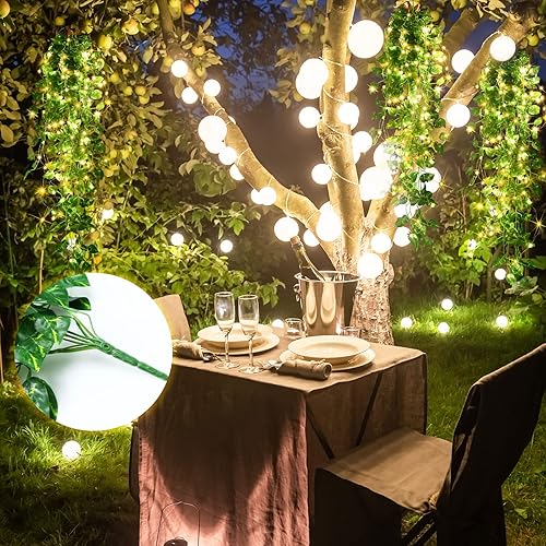 Miniatura 2 de Mudder Vid de hiedra falsa con luces, hojas verdes artificiales LED colgantes para decoración de patio al aire libre (cesta no incluida) (estilo