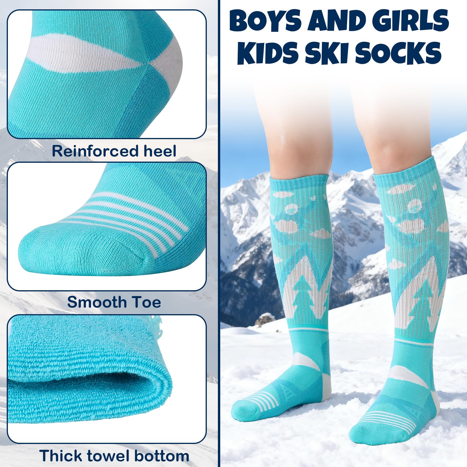 Lot de 6 paires de chaussettes de ski thermiques épaisses en laine mérinos pour garçons et filles - Chaussettes d'hiver pour le ski, le snowboard, la randonnée, les enfants de 8 à 12 ans