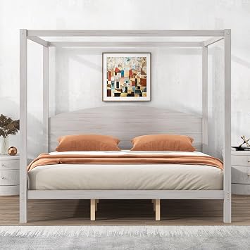 LUMISOL King Size Canopy Bed Frame, Canopy 4 Poster Bed Frame, Canopy Platform Bed with Headboard and Support Legs, Gray