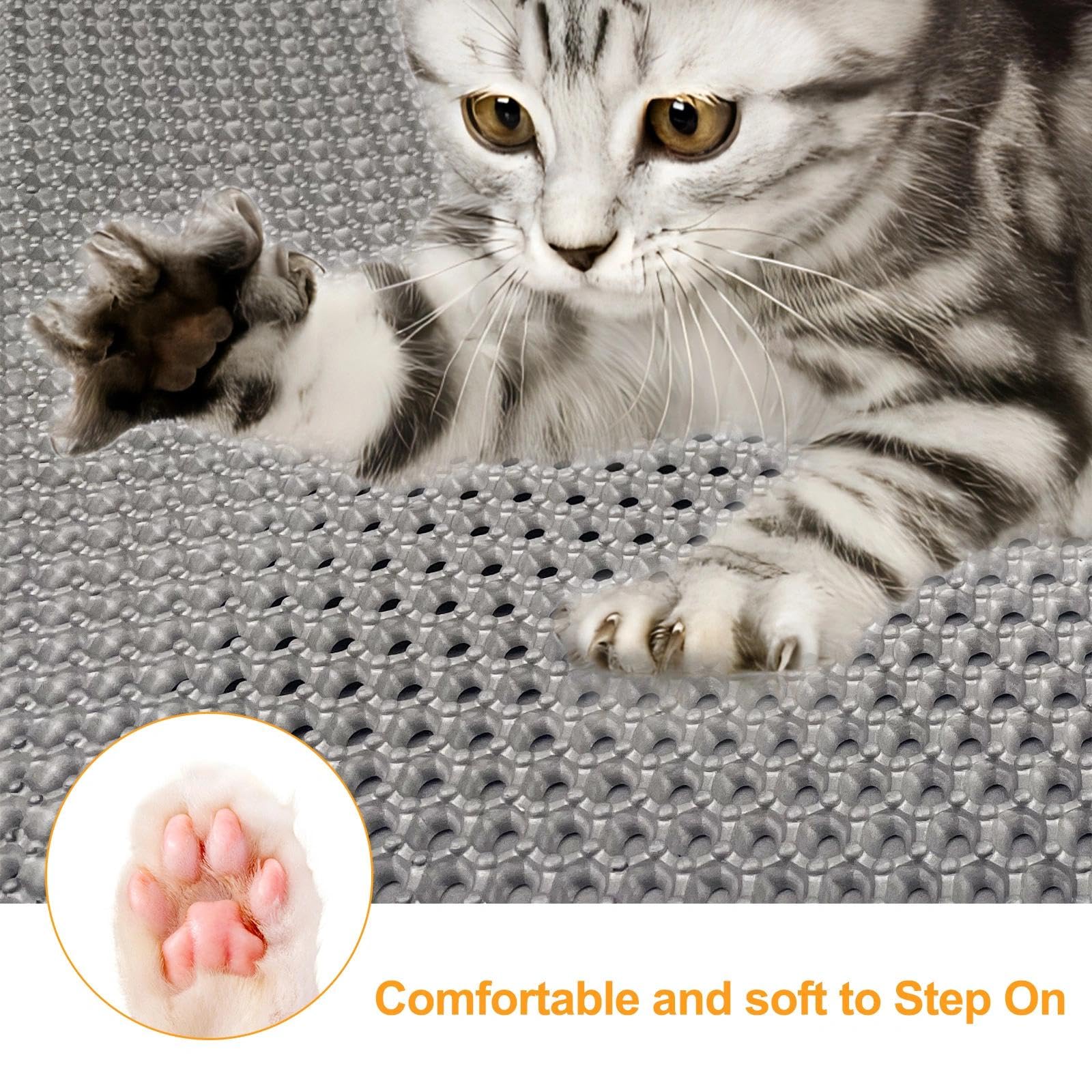 60cm × 90cm Alfombra Arenero Gato Doble Capa Plegable, Alfombrilla Impermeable, Fácil Limpiar, Arena Gatos Antideslizante, Diseño de Panal Abejas(Gris)